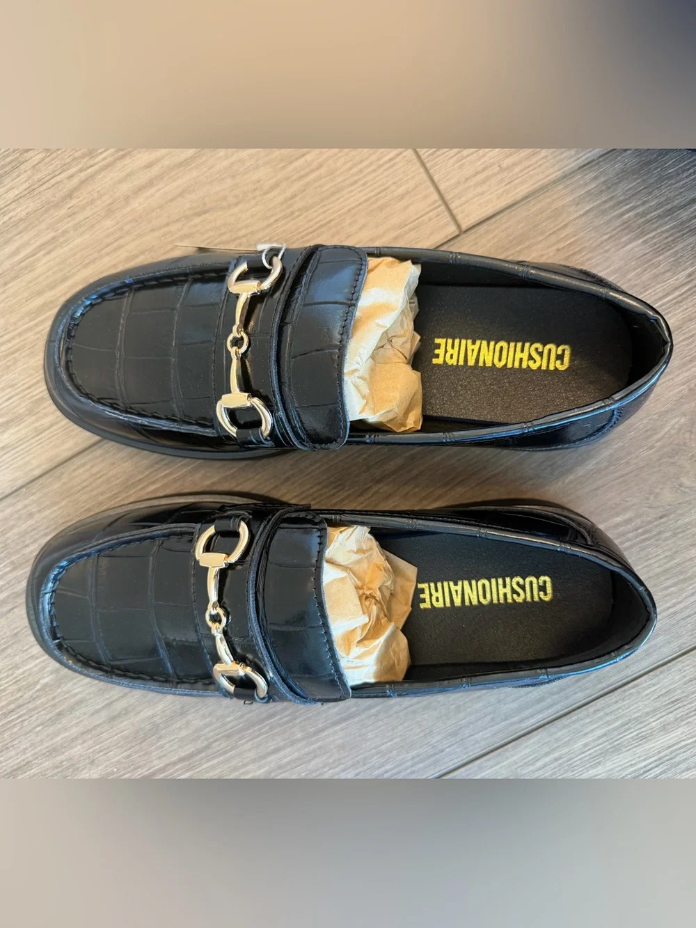 Women’s Black Croc-Embossed Slip-On Loafers with Gold Bit
